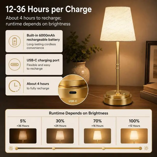 Alt view image 5 of 7 - Rechargeable Cordless Table Lamp, Nightstand to End Table,Gold,1 Pack | 6000mAh Battery Operated, 16-Inch Antique Brass Aesthetic, For Kitchen Counter, Bathroom Vanity and Dining Room
