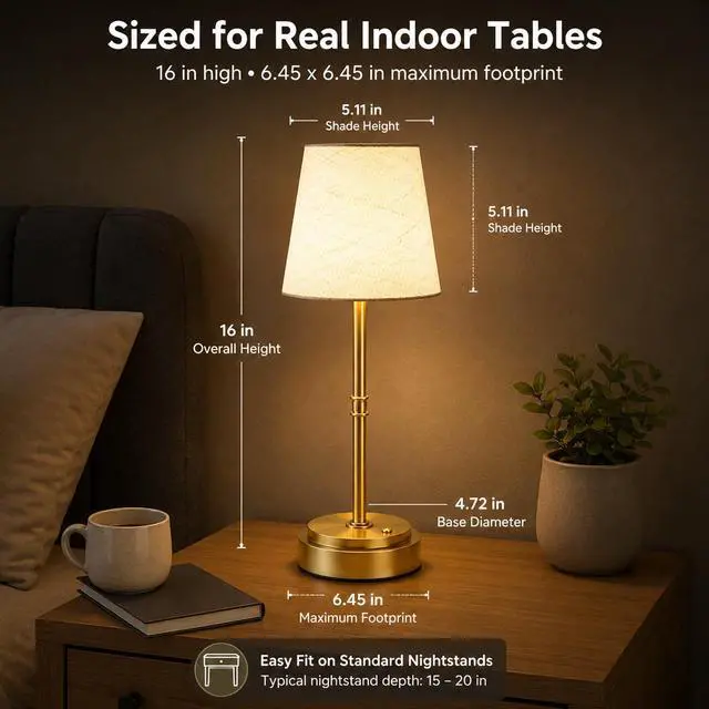 Alt view image 7 of 7 - Rechargeable Cordless Table Lamp, Nightstand to End Table,Gold,1 Pack | 6000mAh Battery Operated, 16-Inch Antique Brass Aesthetic, For Kitchen Counter, Bathroom Vanity and Dining Room