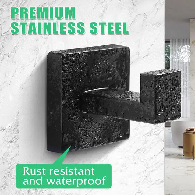 Alt view image 2 of 6 - Heavy Duty Stainless Steel Towel Hooks, Wall Mounted Square Robe Hooks for Bathroom, Kitchen, Bedroom, Hotel Matte Black 2 Pack