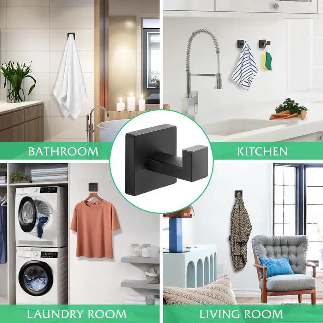 Alt view image 5 of 6 - Heavy Duty Stainless Steel Towel Hooks, Wall Mounted Square Robe Hooks for Bathroom, Kitchen, Bedroom, Hotel Matte Black 2 Pack