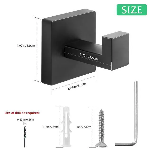 Alt view image 6 of 6 - Heavy Duty Stainless Steel Towel Hooks, Wall Mounted Square Robe Hooks for Bathroom, Kitchen, Bedroom, Hotel Matte Black 2 Pack