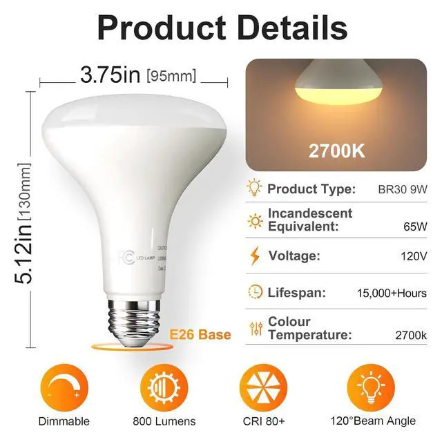 Alt view image 2 of 7 - 12 Pack BR30 Flood Light Bulb Indoor, Soft White Recessed Light Bulbs | 65W Equivalent, Dimmable, 2700K Warm White, E26 Base Can Light Bulbs for Kitchen Ceiling, Replacement Incandescent, 9W, 800LM