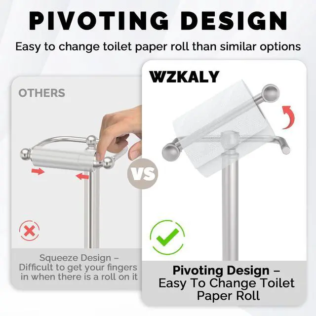 Alt view image 3 of 7 - Toilet Paper Holder Stand, Brushed Nickel Toilet Paper Holder Free Standing, Post Pivoting Design & Stable Weighted Base SUS304 Stainless Steel for Bathroom(Mega Roll)
