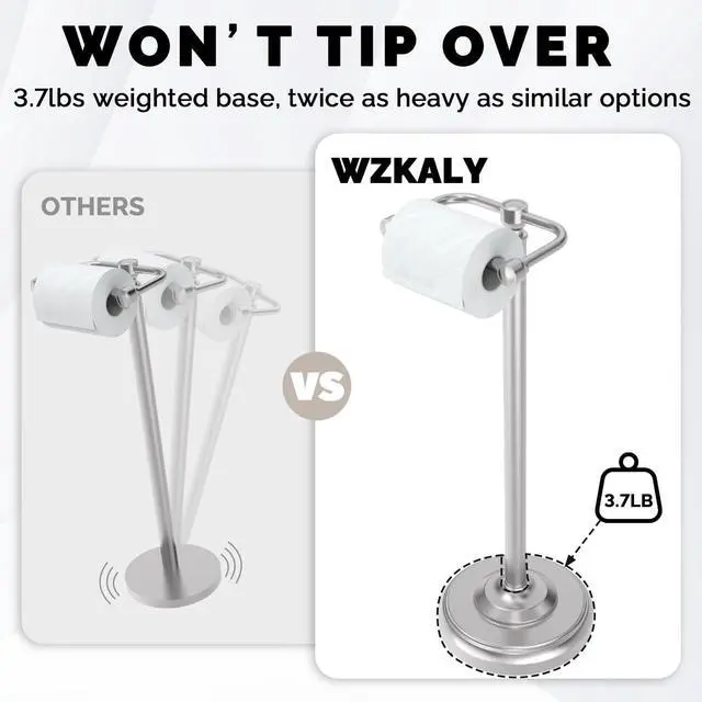 Alt view image 6 of 7 - Toilet Paper Holder Stand, Brushed Nickel Toilet Paper Holder Free Standing, Post Pivoting Design & Stable Weighted Base SUS304 Stainless Steel for Bathroom(Mega Roll)