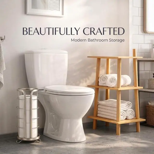 Alt view image 2 of 6 - Toilet Paper Holder Stand Reserve - Free Standing Toilet Paper Stand with Storage that Holds Mega Rolls, Standing Bathroom Tissue Organizer, Bathroom Decor - Modern Storage Holder, Nickel