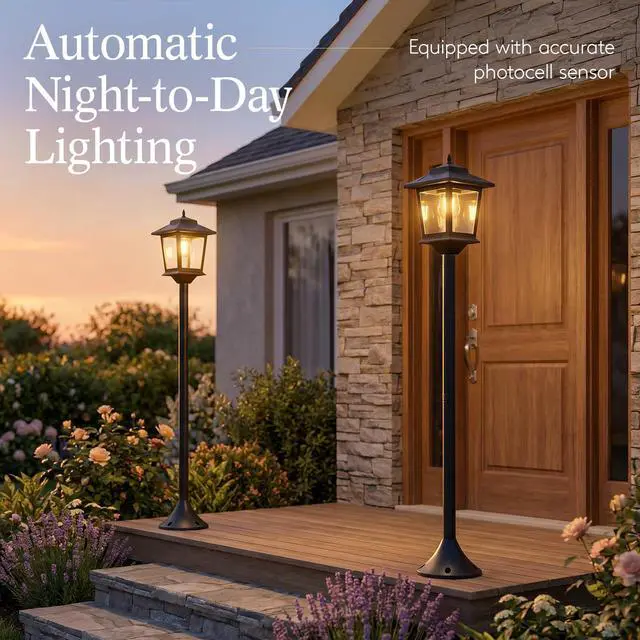 Alt view image 3 of 7 - Solar Post Lights Outdoor, 2-Pack 63" Solar Lamp Posts Waterproof with 1 Replaceable Bulb, Warm White Dusk to Dawn Pole Lights for Garden, Patio, Pathway