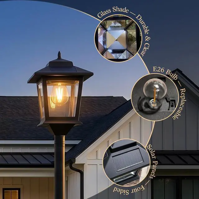 Alt view image 5 of 7 - Solar Post Lights Outdoor, 2-Pack 63" Solar Lamp Posts Waterproof with 1 Replaceable Bulb, Warm White Dusk to Dawn Pole Lights for Garden, Patio, Pathway