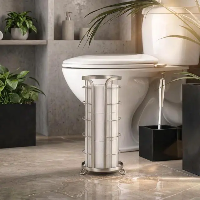 Alt view image 5 of 6 - Toilet Paper Holder Stand Reserve - Free Standing Toilet Paper Stand with Storage that Holds Mega Rolls, Standing Bathroom Tissue Organizer, Bathroom Decor - Modern Storage Holder, Nickel