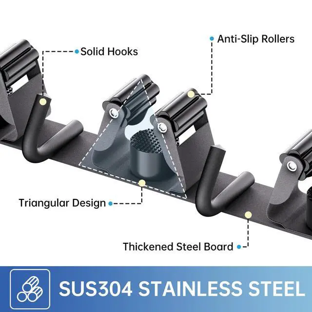Alt view image 2 of 7 - 2 Pack Mop Broom Holder Wall Mount 4 Racks 5 Hooks Storage Black | 304 Rustproof Stainless Steel Broom Hanger, Non-Slip Wall Mount Organizer, Space Saving For Kitchen, Laundry, Garden
