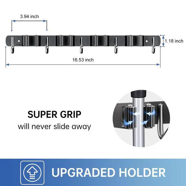 Alt view image 3 of 7 - 2 Pack Mop Broom Holder Wall Mount 4 Racks 5 Hooks Storage Black | 304 Rustproof Stainless Steel Broom Hanger, Non-Slip Wall Mount Organizer, Space Saving For Kitchen, Laundry, Garden