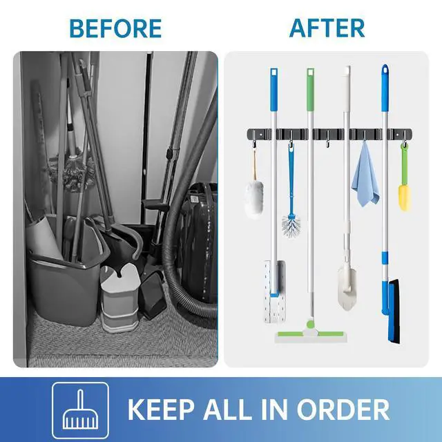Alt view image 5 of 7 - 2 Pack Mop Broom Holder Wall Mount 4 Racks 5 Hooks Storage Black | 304 Rustproof Stainless Steel Broom Hanger, Non-Slip Wall Mount Organizer, Space Saving For Kitchen, Laundry, Garden