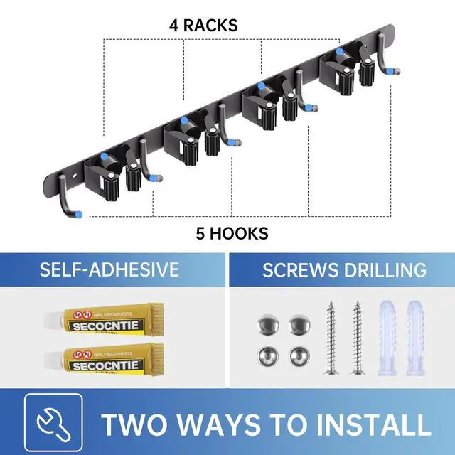 Alt view image 6 of 7 - 2 Pack Mop Broom Holder Wall Mount 4 Racks 5 Hooks Storage Black | 304 Rustproof Stainless Steel Broom Hanger, Non-Slip Wall Mount Organizer, Space Saving For Kitchen, Laundry, Garden
