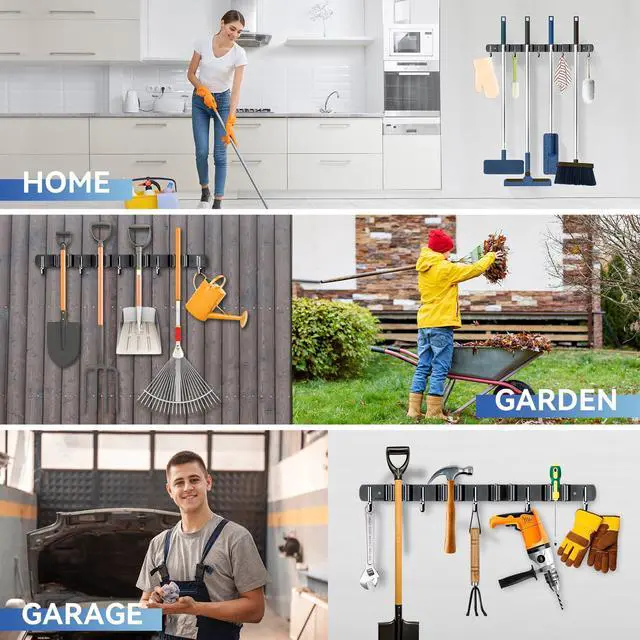 Alt view image 7 of 7 - 2 Pack Mop Broom Holder Wall Mount 4 Racks 5 Hooks Storage Black | 304 Rustproof Stainless Steel Broom Hanger, Non-Slip Wall Mount Organizer, Space Saving For Kitchen, Laundry, Garden