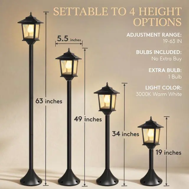 Alt view image 7 of 7 - Solar Post Lights Outdoor, 2-Pack 63" Solar Lamp Posts Waterproof with 1 Replaceable Bulb, Warm White Dusk to Dawn Pole Lights for Garden, Patio, Pathway