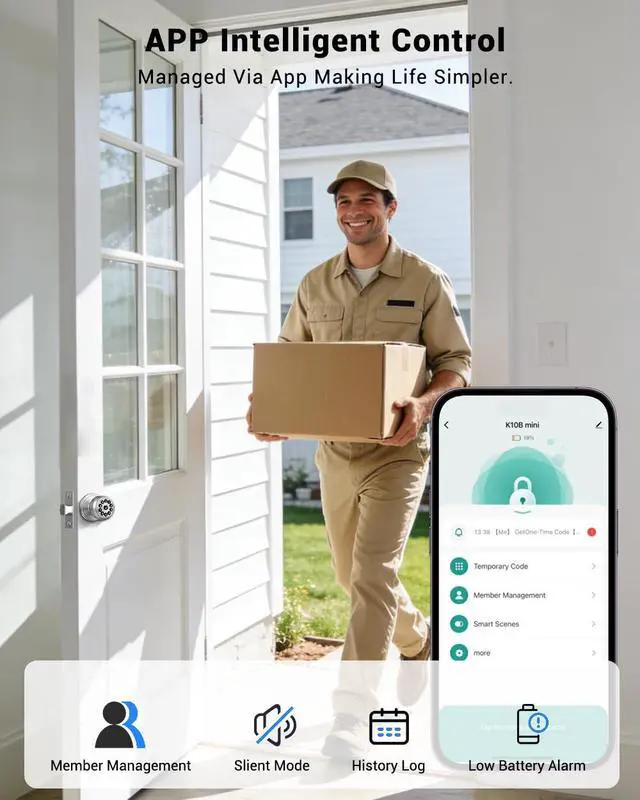 Alt view image 2 of 7 - Smart Door Knob with Keypad, Keyless Entry Door Lock with Code, APP | Door Locks for Bedrooms with Key, Auto-Lock, Easy-Install, Digital Door Lock for Front Door, Office, Garage, Indoor, Outdoor