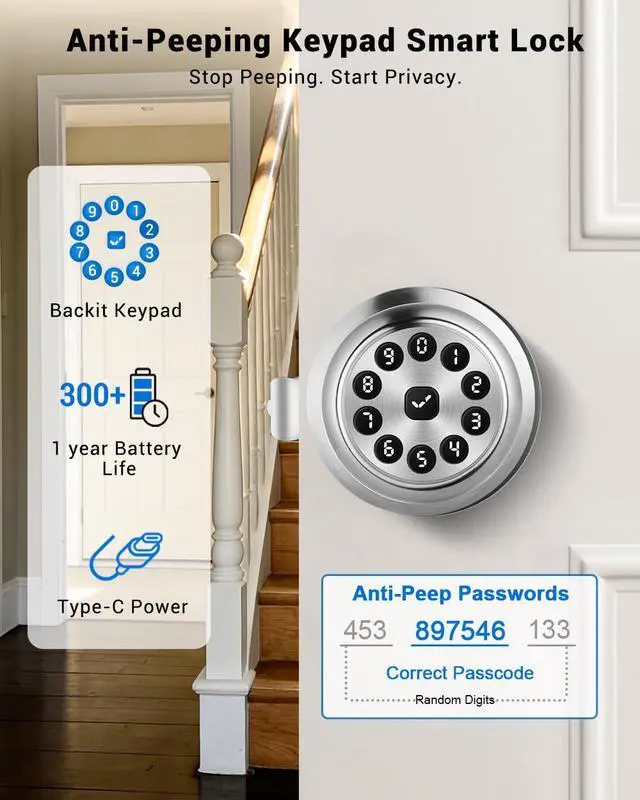Alt view image 4 of 7 - Smart Door Knob with Keypad, Keyless Entry Door Lock with Code, APP | Door Locks for Bedrooms with Key, Auto-Lock, Easy-Install, Digital Door Lock for Front Door, Office, Garage, Indoor, Outdoor