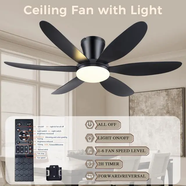 Alt view image 2 of 7 - Ceiling Fans with Lights,42" Low Profile Ceiling FanBlack | Ceiling Fan with Light and Remote Control,Flush Mount, Reversible, Dimmable, Noiseless, Black Ceiling Fan for Bedroom