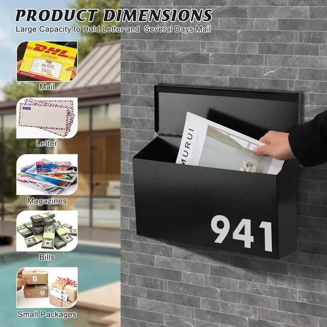 Alt view image 4 of 7 - Wall-Mount Mailbox for House, Large Capacity Mail Box, Galvanized Steel Rust-Proof Metal Post Box, Mailboxes for Outside,15.7"x9.9"x4.9" Black