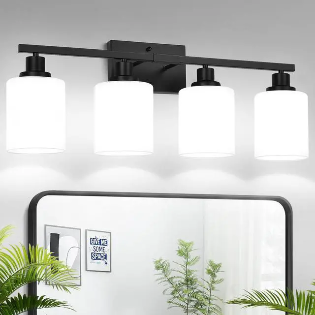 Main image of 4-Light Bathroom Light Fixtures, Vanity Light with Milky White Shades, Matte Black Bathroom Light Fixtures Over Mirror, Modern Bathroom Wall Lamp for Mirror Living Room Cabinet Bedroom