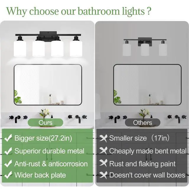 Alt view image 2 of 7 - 4-Light Bathroom Light Fixtures, Vanity Light with Milky White Shades, Matte Black Bathroom Light Fixtures Over Mirror, Modern Bathroom Wall Lamp for Mirror Living Room Cabinet Bedroom