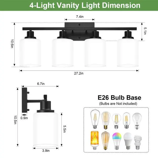 Alt view image 3 of 7 - 4-Light Bathroom Light Fixtures, Vanity Light with Milky White Shades, Matte Black Bathroom Light Fixtures Over Mirror, Modern Bathroom Wall Lamp for Mirror Living Room Cabinet Bedroom