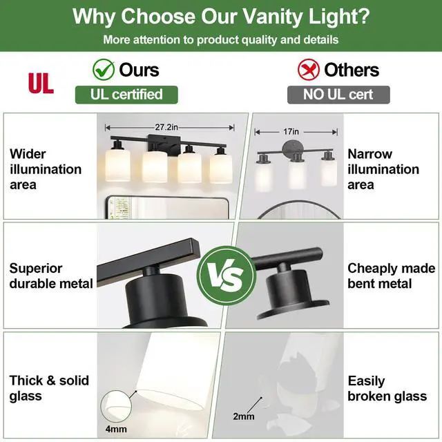Alt view image 4 of 7 - 4-Light Bathroom Light Fixtures, Vanity Light with Milky White Shades, Matte Black Bathroom Light Fixtures Over Mirror, Modern Bathroom Wall Lamp for Mirror Living Room Cabinet Bedroom