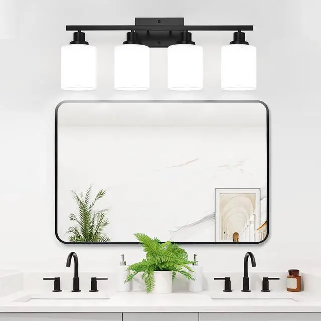Alt view image 5 of 7 - 4-Light Bathroom Light Fixtures, Vanity Light with Milky White Shades, Matte Black Bathroom Light Fixtures Over Mirror, Modern Bathroom Wall Lamp for Mirror Living Room Cabinet Bedroom