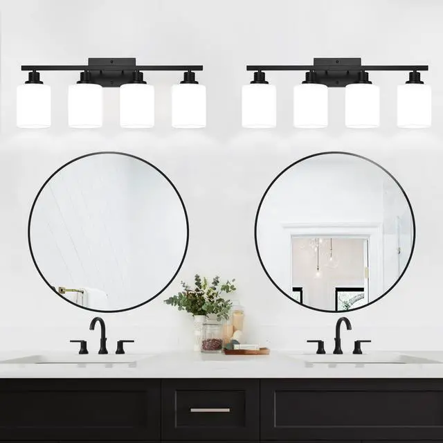 Alt view image 7 of 7 - 4-Light Bathroom Light Fixtures, Vanity Light with Milky White Shades, Matte Black Bathroom Light Fixtures Over Mirror, Modern Bathroom Wall Lamp for Mirror Living Room Cabinet Bedroom