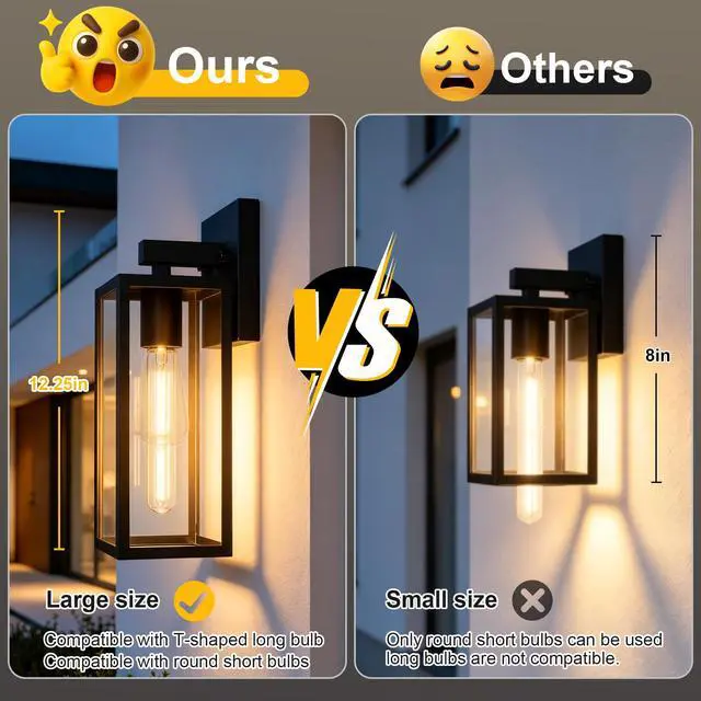 Alt view image 2 of 7 - Porch Lights Outdoor Wall Light Fixture 2pcs, Matte Black, Wall Sconce 12.4 in, Toughened Frame, Clear Glass Shade, Waterproof Lanterns, for Patio, Exterior, Front, Door, Entryway