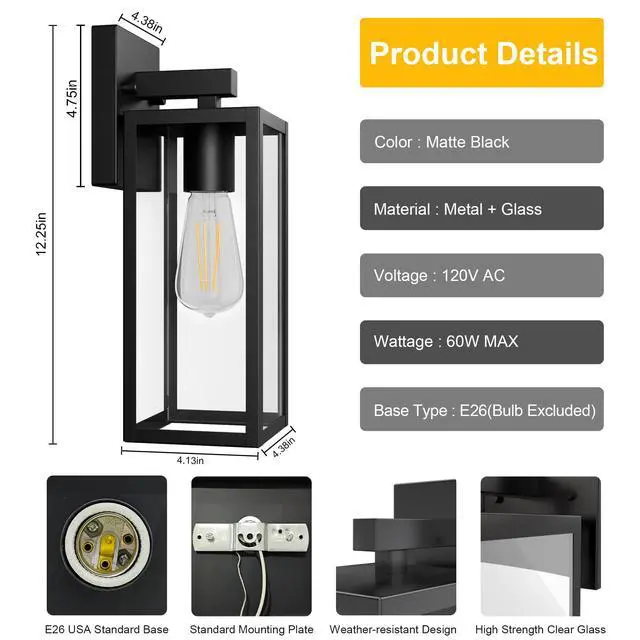 Alt view image 5 of 7 - Porch Lights Outdoor Wall Light Fixture 2pcs, Matte Black, Wall Sconce 12.4 in, Toughened Frame, Clear Glass Shade, Waterproof Lanterns, for Patio, Exterior, Front, Door, Entryway
