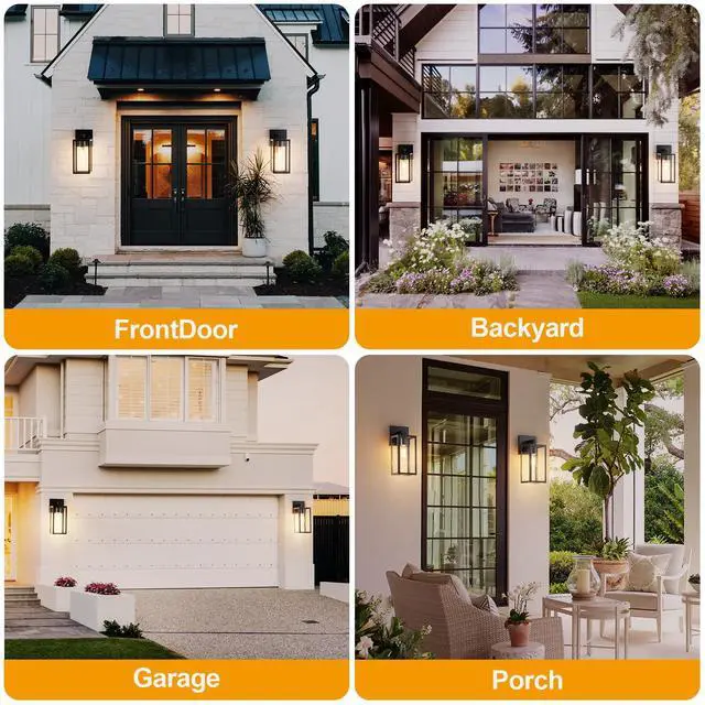 Alt view image 6 of 7 - Porch Lights Outdoor Wall Light Fixture 2pcs, Matte Black, Wall Sconce 12.4 in, Toughened Frame, Clear Glass Shade, Waterproof Lanterns, for Patio, Exterior, Front, Door, Entryway