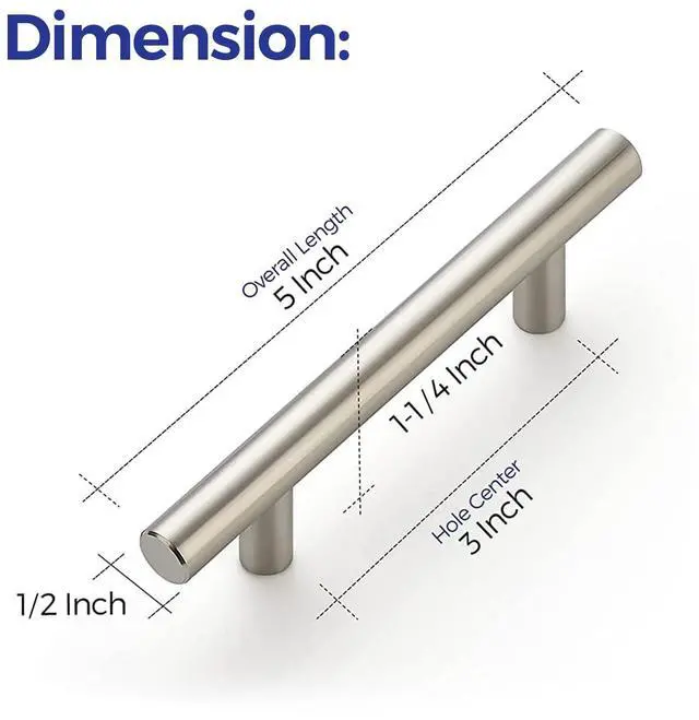 Alt view image 3 of 7 - Cabinet Handles, Brushed Nickel,5" Length,3" Hole Center,30 Pack | Stainless Steel Pull Feel, Round T-Bar Shape, Kitchen Cabinet Pulls, For Cupboards, Drawers, Dressers, Cabinets