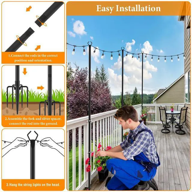 Alt view image 5 of 7 - 2 Pack String Light Poles,10 Ft Light Poles for Outside String Lights,Outdoor Lights Pole with Fork,Metal Poles Stand for Patio Deck Backyard (10FT 2 Pack)