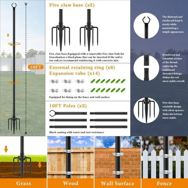 Alt view image 4 of 7 - 2 Pack String Light Poles,10 Ft Light Poles for Outside String Lights,Outdoor Lights Pole with Fork,Metal Poles Stand for Patio Deck Backyard (10FT 2 Pack)