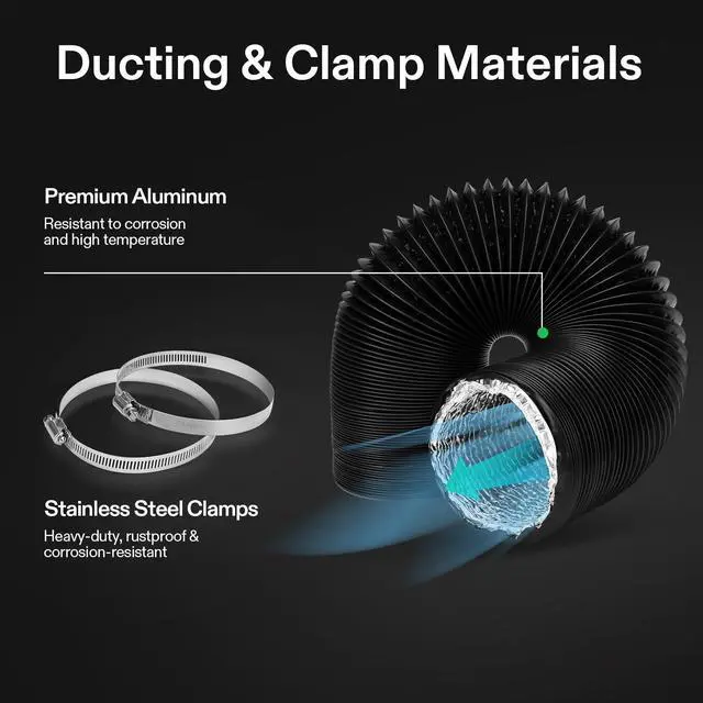 Alt view image 4 of 7 - 4 Inch 25 Feet Flexible Aluminum Ducting with 2 Clamps, Black | High-Temp Aluminum Duct, Adjustable Length & Shape for Easy Mounting, Compatible with Dryers & Inline Duct Fans