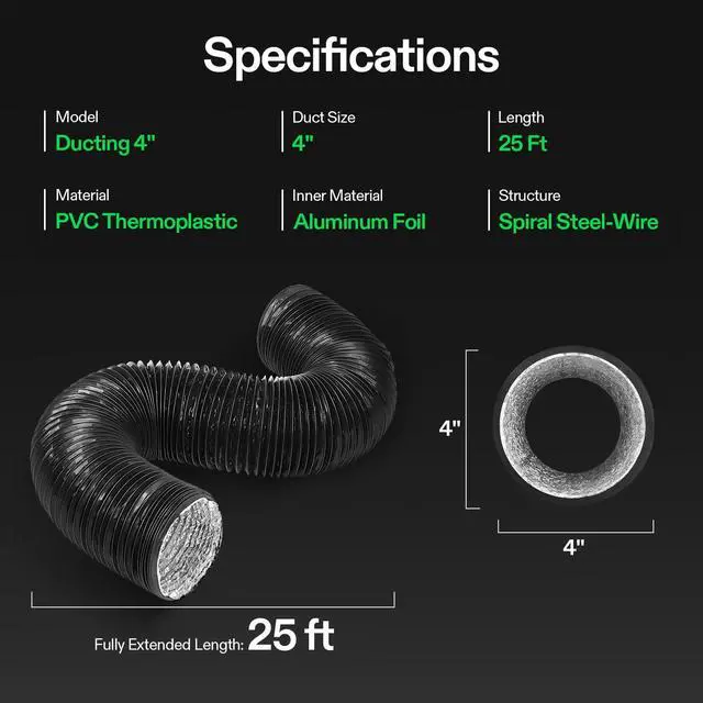 Alt view image 7 of 7 - 4 Inch 25 Feet Flexible Aluminum Ducting with 2 Clamps, Black | High-Temp Aluminum Duct, Adjustable Length & Shape for Easy Mounting, Compatible with Dryers & Inline Duct Fans