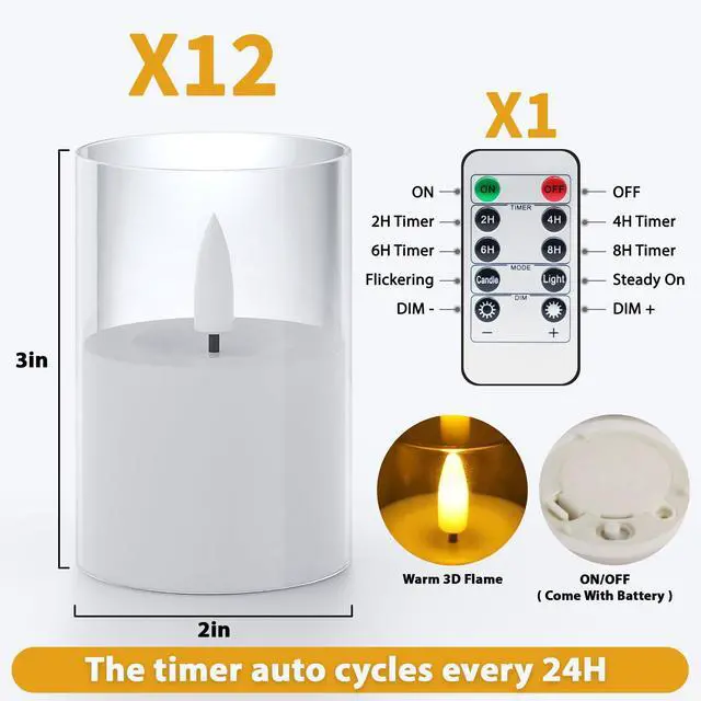 Alt view image 2 of 7 - 12Pack Flameless LED Candles, Remote & Timer, Battery Powered, Clear, 2"x3" | Small Pillar & Votive Candle with Realistic Flickering Warm Glow for Centerpieces, Wedding Tables, Holiday, and Home Decor