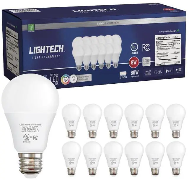 Main image of A19 LED Light Bulbs, 12 Pack, 60W Equivalent, 9W Daylight 5000K LED Light Bulb, 810 LM, Bedroom, Living Room, Office, Garage, Daylight LED Light Bulbs, Light Bulbs, Non-Dimmable, E26, UL Listed
