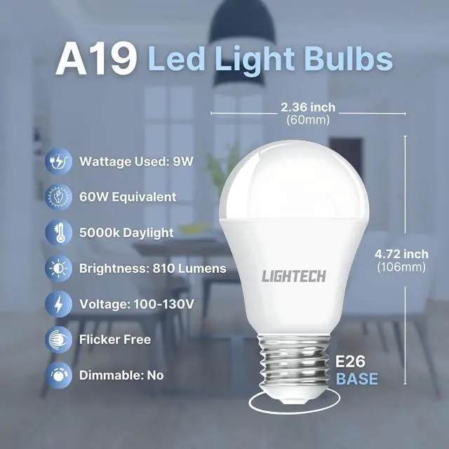 Alt view image 2 of 7 - A19 LED Light Bulbs, 12 Pack, 60W Equivalent, 9W Daylight 5000K LED Light Bulb, 810 LM, Bedroom, Living Room, Office, Garage, Daylight LED Light Bulbs, Light Bulbs, Non-Dimmable, E26, UL Listed