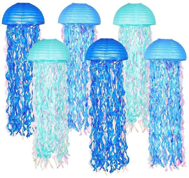 Main image of 10" Blue Hanging Jellyfish Paper Lanterns - Under the Sea Party & Mermaid Birthday Decorations, Baby Shower, Nautical Events, Ocean Theme Classroom & Beach Room Decor (Set of 6)