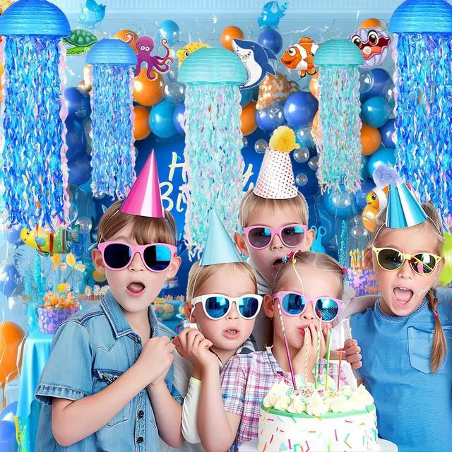 Alt view image 2 of 7 - 10" Blue Hanging Jellyfish Paper Lanterns - Under the Sea Party & Mermaid Birthday Decorations, Baby Shower, Nautical Events, Ocean Theme Classroom & Beach Room Decor (Set of 6)