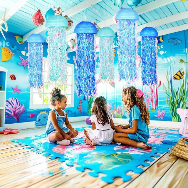 Alt view image 5 of 7 - 10" Blue Hanging Jellyfish Paper Lanterns - Under the Sea Party & Mermaid Birthday Decorations, Baby Shower, Nautical Events, Ocean Theme Classroom & Beach Room Decor (Set of 6)