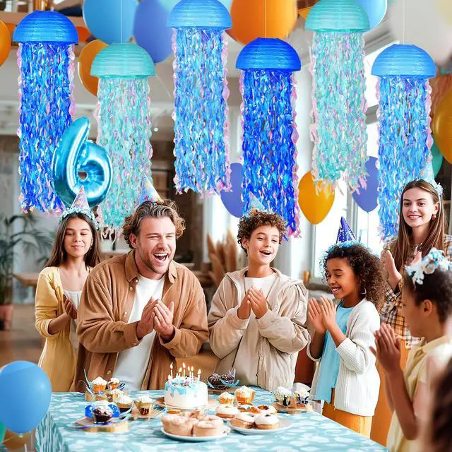 Alt view image 4 of 7 - 10" Blue Hanging Jellyfish Paper Lanterns - Under the Sea Party & Mermaid Birthday Decorations, Baby Shower, Nautical Events, Ocean Theme Classroom & Beach Room Decor (Set of 6)