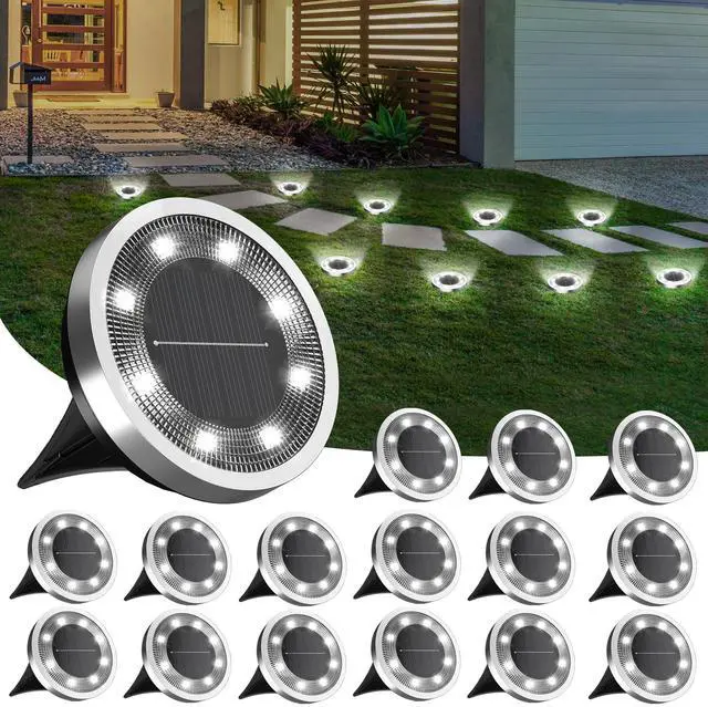 Main image of 16Pack Solar Ground Lights Outdoor, 8 LED, IP65 Waterproof, Cold White | 600mAh Ni-MH battery, 8-10h runtime, stainless steel, ABS and PP body, solar garden lights for pathways, lawns and driveways