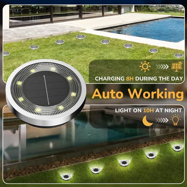 Alt view image 2 of 7 - 16Pack Solar Ground Lights Outdoor, 8 LED, IP65 Waterproof, Cold White | 600mAh Ni-MH battery, 8-10h runtime, stainless steel, ABS and PP body, solar garden lights for pathways, lawns and driveways
