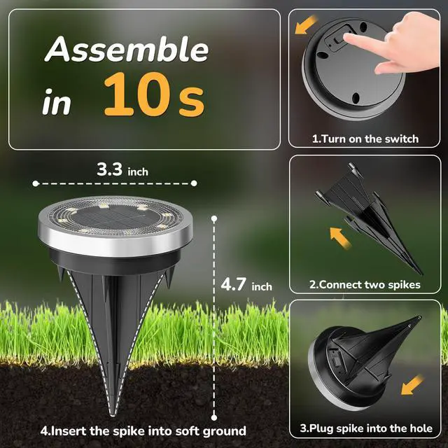 Alt view image 7 of 7 - 16Pack Solar Ground Lights Outdoor, 8 LED, IP65 Waterproof, Cold White | 600mAh Ni-MH battery, 8-10h runtime, stainless steel, ABS and PP body, solar garden lights for pathways, lawns and driveways