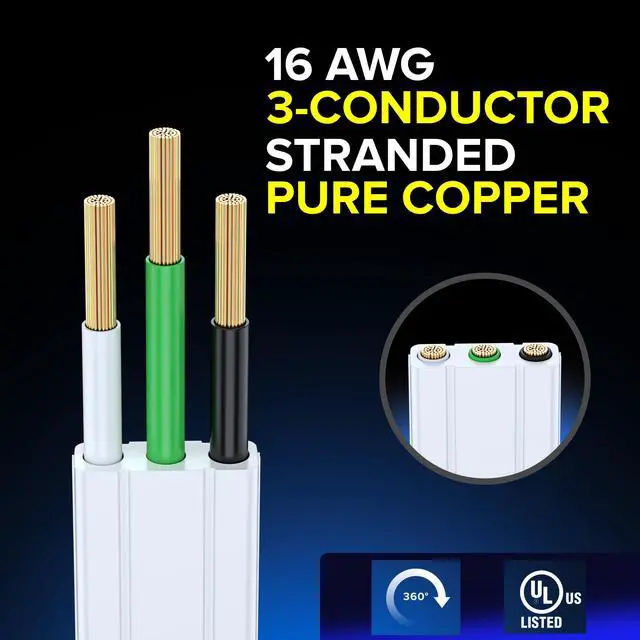 Alt view image 5 of 6 - Cable 4 ft 360° Rotating Flat Plug Extension Cord, 16/3 AWG Multi 3-Outlet Grounded Wire, 13A 125V 1625W, UL Certified - White
