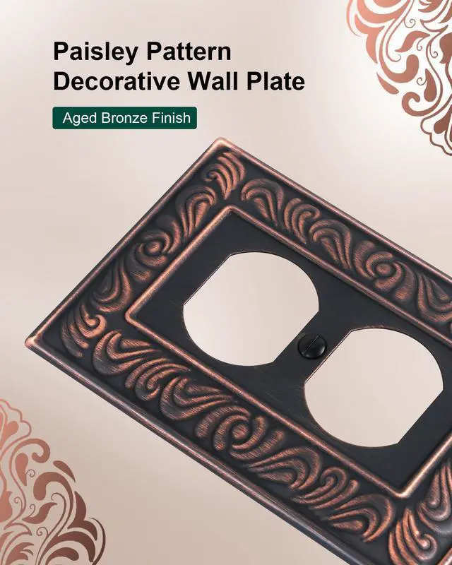 Alt view image 3 of 7 - 4-Pack Paisley Pattern Duplex Outlet Cover Plate,Metal Switch Plates | Wall Plates for Electrical Outlets, 1 Gang Receptacle Cover, Decorative Switch Plates and Outlet Covers, Aged Bronze