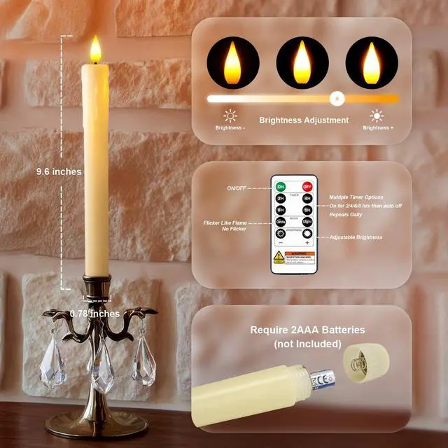 Alt view image 6 of 7 - Real Wax LED Flameless Taper Candles with Remote Timer, 9.6 Inches Ivory Fake Candlesticks, Dripless Battery Operated Window Candle with 3D Flickering Flame for Fireplace Xmas Halloween