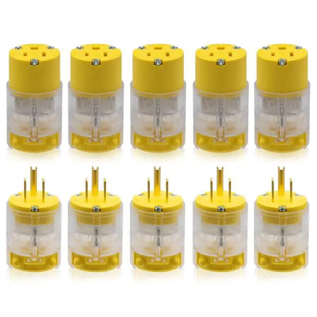 Main image of Lighted Straight Blade Electrical Plug and Connector Set 15 Amp 125 Volt NEMA 5-15P NEMA 5-15R 2 Pole 3 Wire Grounding, Commercial Grade, Yellow, 5 Set